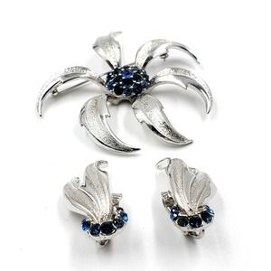 Vintage Marcel Boucher Blue Crystal Starburst Floral Brooch & Earrings Set 1950s